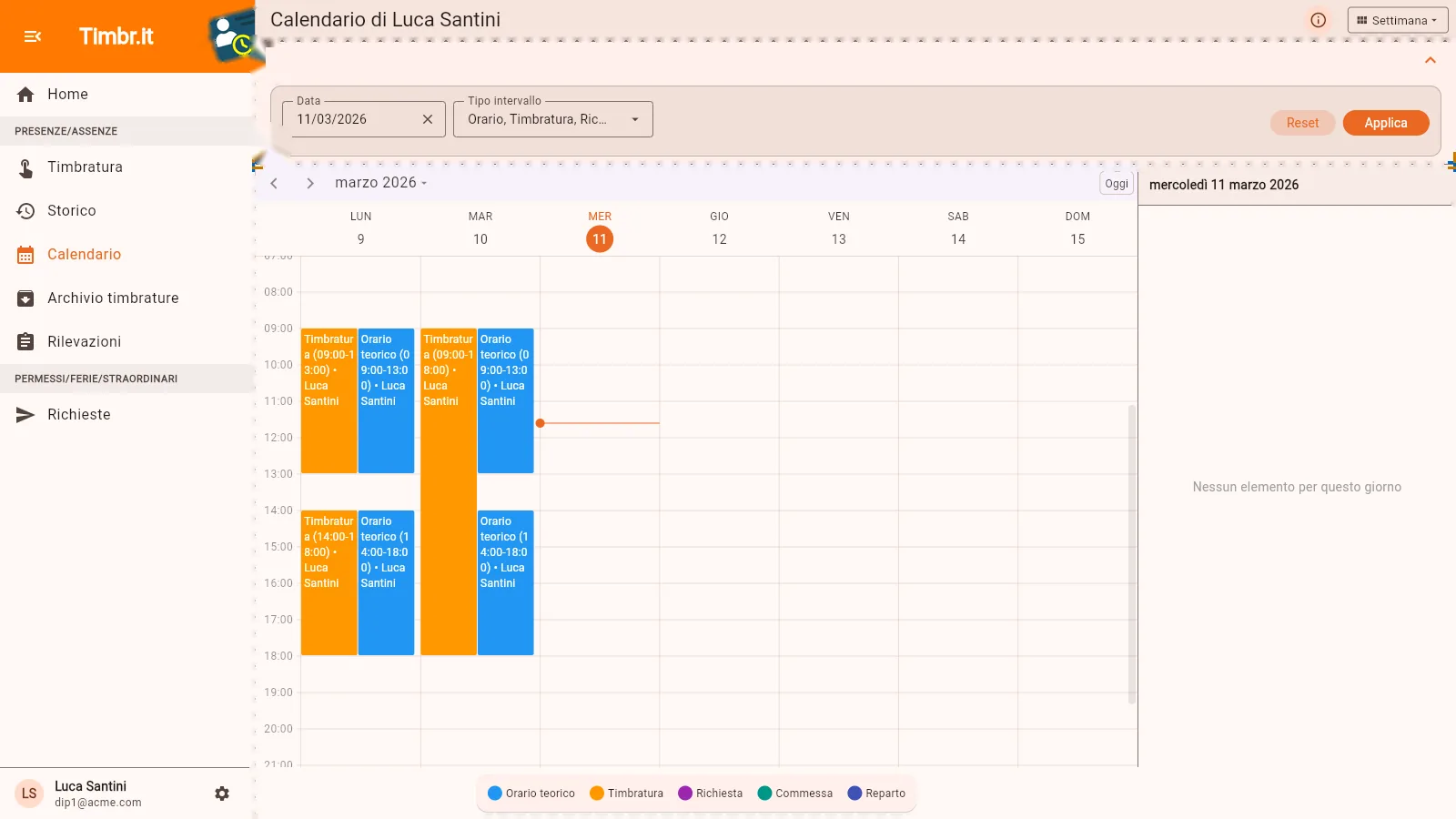 Il calendario personale in vista settimanale: orario teorico e timbrature affiancati, con la legenda dei tipi di intervallo