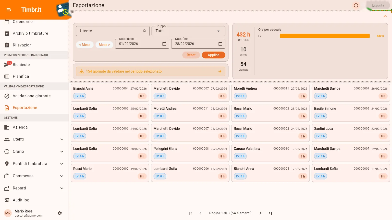 La pagina di esportazione con il riepilogo delle ore per causale e l'elenco delle giornate validate pronte per il file paghe