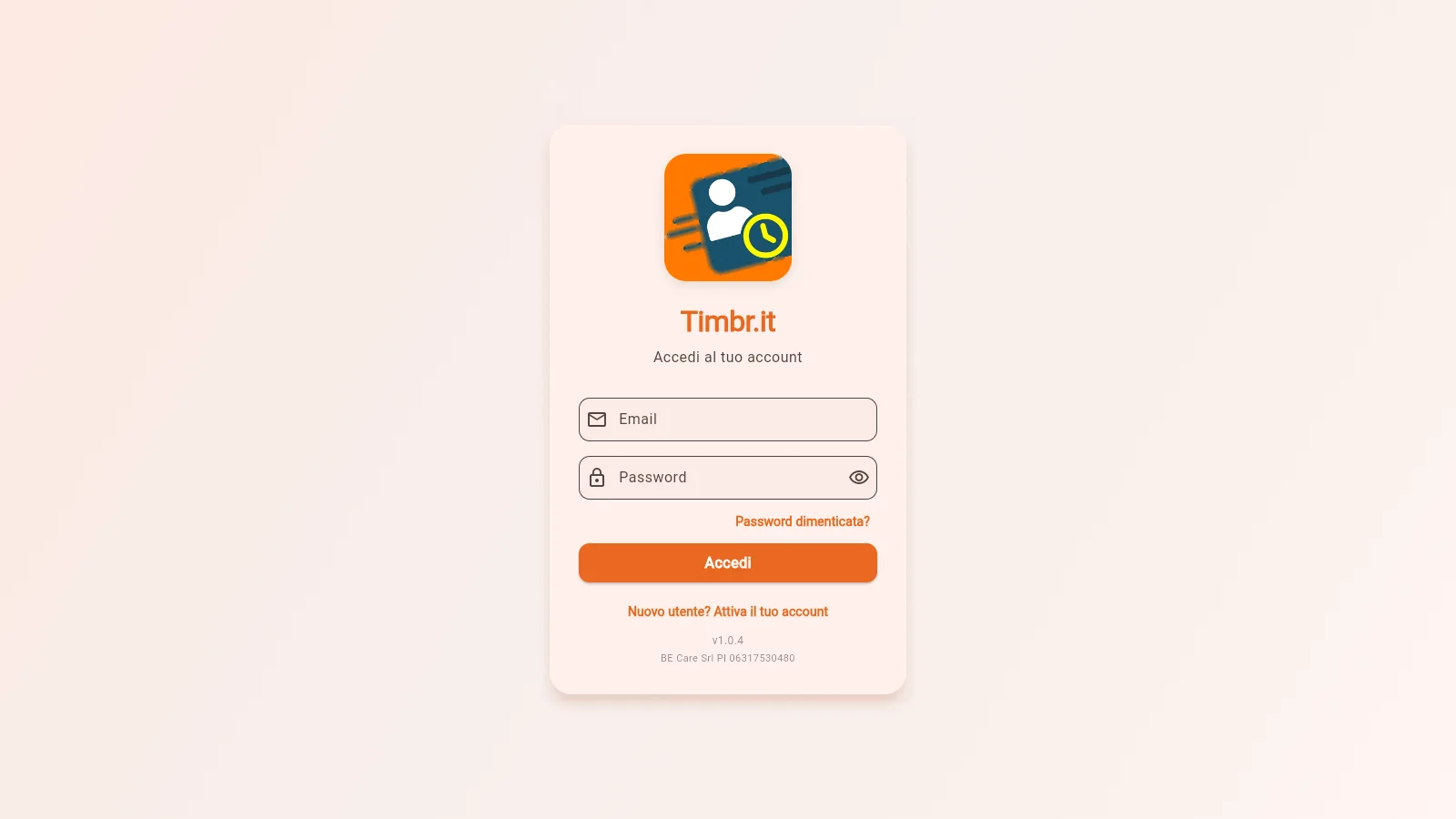 La schermata di accesso di Timbr.it: email, password e recupero della password